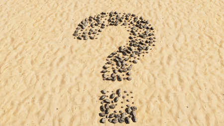 Concept conceptual stones on beach sand handmade symbol shape, golden sandy background, question mark. 3d illustration metaphor for communication, interrogation, advice, creative thinking and solutionの写真素材