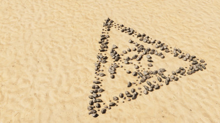 Concept conceptual stones on beach sand handmade symbol shape, golden sandy background, toxic icon....