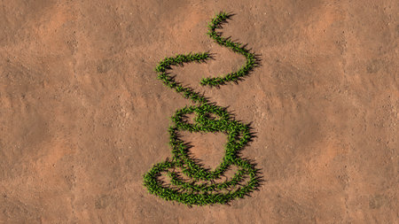 Concept conceptual green summer lawn grass symbol shape on brown soil or earth background, a hot cup of coffee, cappuccino or espresso sign. 3d illustration metaphor for morning, break or energyの写真素材