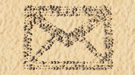 Concept conceptual stones on beach sand handmade symbol shape, golden sandy background, email sign....