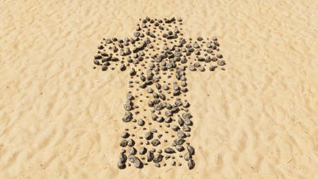Concept conceptual stones on beach sand handmade symbol shape, golden sandy background, christian cross. A 3d illustration metaphor for God, Christ, religion, spirituality, prayer, Jesus beliefの写真素材