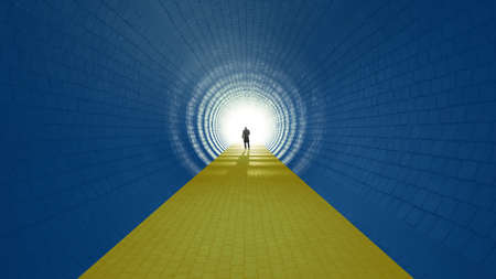 Concept or conceptual blue and yellow tunnel, the Ukrainian flag colors, with a bright light at the end as metaphor to hope and faith. A 3d illustration of a black silhouette of walking man to freedomの写真素材
