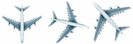 Conceptual set of three flying white passenger jetliner or commercial planes, isolated on white...