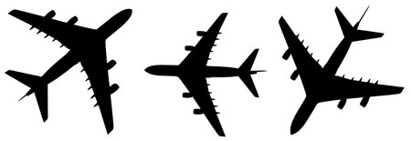 Vector conceptual set of three flying black passenger jetliner or commercial planes, isolated on...