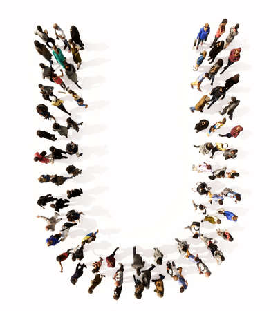Concept or conceptual large community of people forming the font U. 3d illustration metaphor for unity and diversity, humanitarian, teamwork, cooperation, education, friendship and communityの写真素材