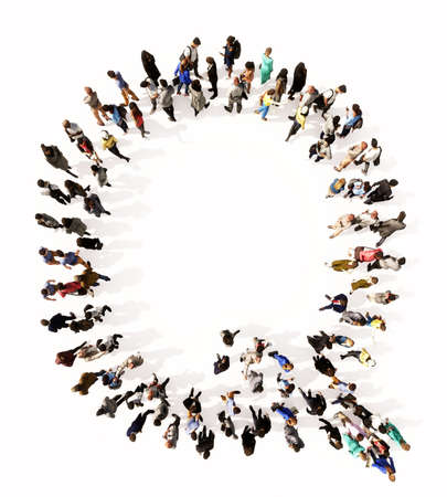 Concept or conceptual large community of people forming the font Q. 3d illustration metaphor for unity and diversity, humanitarian, teamwork, cooperation, education, friendship and communityの写真素材