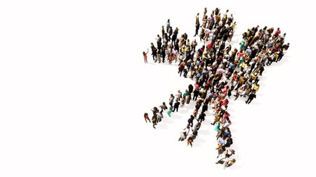 Concept or conceptual large community  of people forming the image of a retro video camera on white...