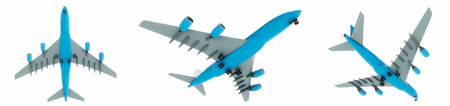 Conceptual set of three flying blue and white passenger jetliner or commercial planes, isolated on...