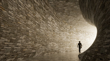 Concept or conceptual dark tunnel with a bright light at the end or exit. 3d illustration as...