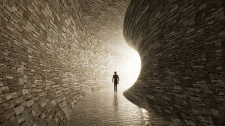 Concept or conceptual dark tunnel with a bright light at the end or exit. 3d illustration as metaphor to success, faith, future or hope to new opportunity or freedomの写真素材