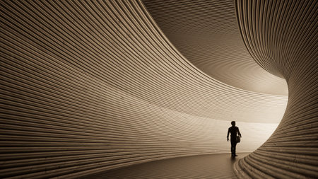 Concept or conceptual dark tunnel with a bright light at the end or exit. 3d illustration as metaphor to success, faith, future or hope, a black silhouette of walking man to new opportunity or freedomの写真素材