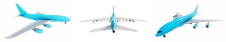 Conceptual set of three flying blue and white passenger jetliner or commercial planes, isolated on white background. 3D illustration for jet transportation, travel industry or modern freedom conceptの写真素材