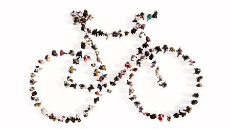 Concept or conceptual large community of people forming an image of a bicycle on white background. A...