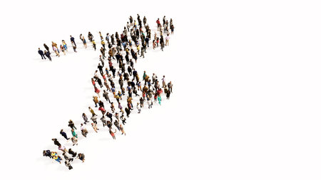Concept or conceptual large community of people forming the image of a runner on white background. A 3d illustration metaphor for athlete, sprinter, marathon, competition, exercise and  healthの写真素材