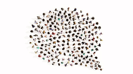 Concept conceptual large community of people forming the emplty cloud sign. 3d illustration metaphor for communication, online talking, chatting, internet discussionの写真素材