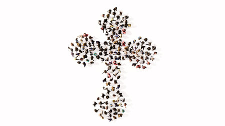 Concept or conceptual large community  of people forming the image of a religious christian cross. A...