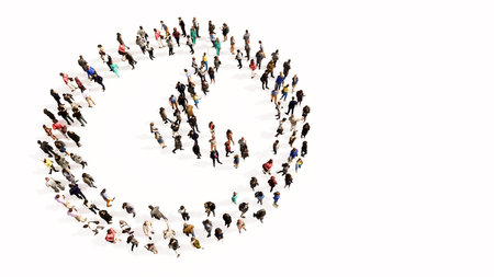 Concept conceptual large community of people forming the clock icon. 3d illustration metaphor for time, countdown,  chronometer, business and deadlineの写真素材