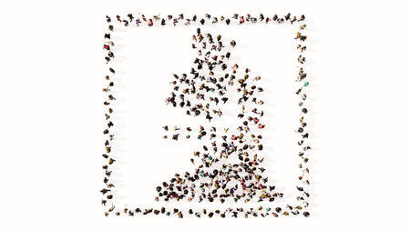 Concept or conceptual large gathering of people forming  a green light microscope image on white background. A 3d illustration metaphor for medicine, research, biotechnology, education or discoveryの写真素材