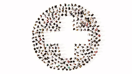 Concept or conceptual large gathering  of people forming a cross sign on white backround. A 3d illustration metaphor for medical care, assistance, emergency, doctor, pharmacy or  hospitalの写真素材