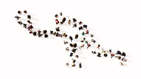 Concept or conceptual large community of people as the image of a tennis player on white background.  A 3d illustration metaphor for sport, competition, training,  relaxation, family and funの写真素材