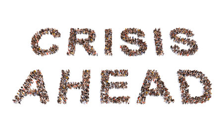Concept or conceptual large community of people forming the message CRISIS AHEAD. 3d illustration...