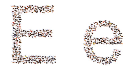 Concept or conceptual large community of people forming the font E. 3d illustration metaphor for unity and diversity, humanitarian, teamwork, cooperation, education, friendship and communityの写真素材