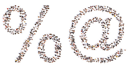 Concept or conceptual large community of people forming the % and @  font. 3d illustration metaphor for unity and diversity, humanitarian, teamwork, cooperation, education, friendship and communityの写真素材