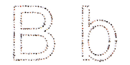 Concept or conceptual large community of people forming the font B. 3d illustration metaphor for unity and diversity, humanitarian, teamwork, cooperation, education, friendship and communityの写真素材