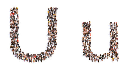 Concept or conceptual large community of people forming the font U. 3d illustration metaphor for unity and diversity, humanitarian, teamwork, cooperation, education, friendship and communityの写真素材
