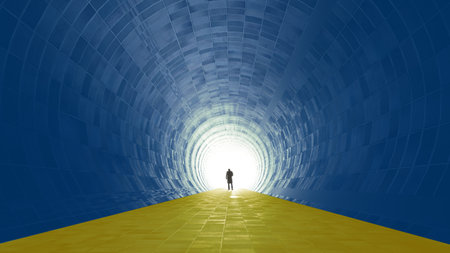 Concept or conceptual blue and yellow tunnel, the Ukrainian flag colors, with a bright light at the end as metaphor to hope and faith. A 3d illustration of a black silhouette of walking man to freedomの写真素材