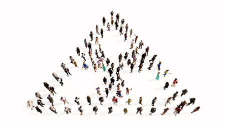 Concept conceptual large community of people forming nuclear danger icon. 3d illustration metaphor for warning, atomic power, ionizing energy, radiation, destructionの写真素材