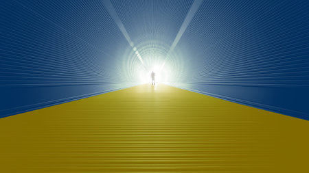Concept or conceptual blue and yellow tunnel, the Ukrainian flag colors, with a bright light at the end as metaphor to hope and faith. A 3d illustration of a black silhouette of walking man to freedomの写真素材