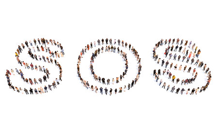 Concept or conceptual large community of people forming SOS message. 3d illustration metaphor for danger, distress, help,  emergency, rescue and assistance, 911の写真素材
