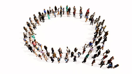 Concept conceptual large community of people forming the emplty cloud sign. 3d illustration metaphor for communication, online talking, chatting, internet discussionの写真素材