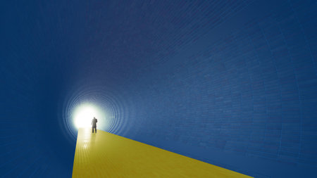 Concept or conceptual blue and yellow tunnel, the Ukrainian flag,  with a bright light at the end as metaphor to hope, faith, future. A  3d illustration of a black silhouette of walking man to freedomの写真素材