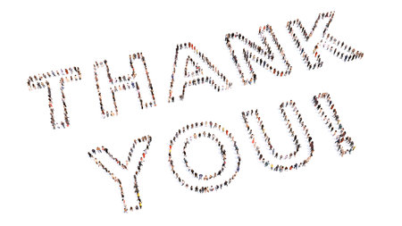 Concept or conceptual large community of people forming THANK YOU message. 3d illustration metaphor for gratitude, appreciation and recognition, celebration, assistance, care, charity and loveの写真素材