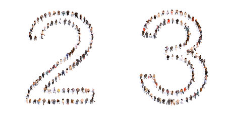 Concept or conceptual large community of people forming the fonts 2 and 3.  3d illustration metaphor...