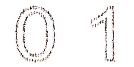 Concept or conceptual large community of people forming the fonts 0 and 1.  3d illustration metaphor...