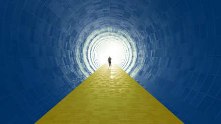 Concept or conceptual blue and yellow tunnel, the Ukrainian flag colors, with a bright light at the end as metaphor to hope and faith. A 3d illustration of a black silhouette of walking man to freedomの写真素材