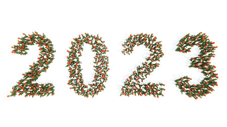Concept or conceptual set of beautiful blooming tulip bouquets forming the year 2023. 3d...