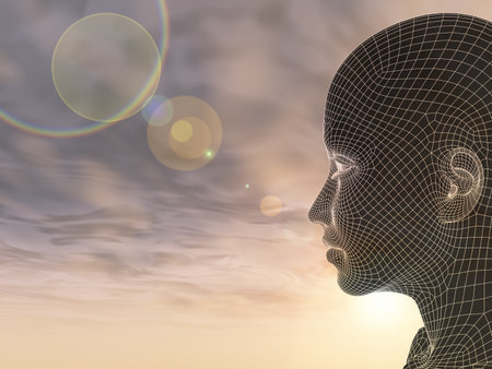 Concept or conceptual 3D illustration wireframe young human female or woman face or head on sunser sky background metaphor to technology, cyborg, digital, virtual, avatar, scienceの写真素材