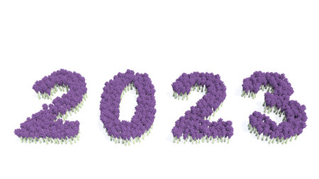 Concept or conceptual set of beautiful blooming lupine bouquets forming the year 2023. 3d...