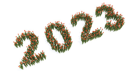 Concept or conceptual set of beautiful blooming tulip bouquets forming the year 2023. 3d...