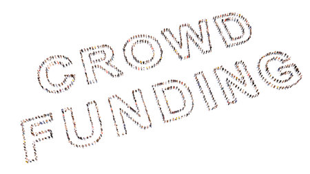 Concept or conceptual large community of people forming CROWDFUNDING concept. 3d illustration metaphor to business, finance, investment, lending, online, network, fundraising, donation and supportの写真素材