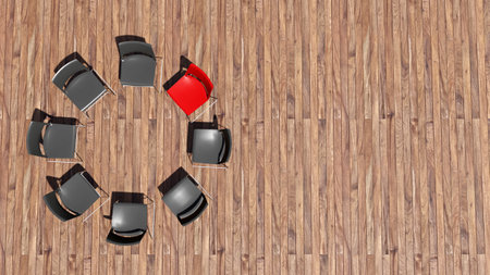 Concept or conceptual red chair standing out in a meeting on a wooden floor background. 3D Illustration as  a metaphor for leadership, vision and strategy, creativity and individuality, achievement.の写真素材