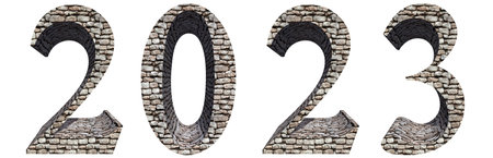 Concept or conceptual 2023 year made of rough stones font isolated on white background. An abstract...
