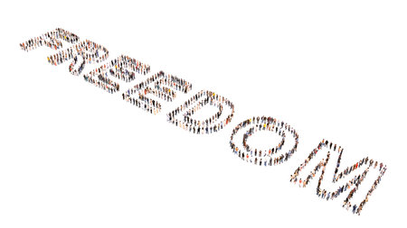 Concept conceptual large community of people forming FREEDOM word. 3d illustration metaphor to victory, independence, change, hope, courage, life, happiness, health, motivation,  adventure, meditationの写真素材