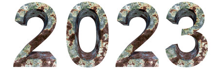 Concept or conceptual 2023 year made of old, rusted metal isolated on white background. An abstract 3D illustration as a  metaphor for future, real estate, industry prosperity or business growthの写真素材