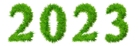 Concept conceptual 2023 year made of green summer lawn grass symbol isolated on white background. 3d illustration as a metaphor for future, nature, environment, organic growth, ecology, conservationの写真素材