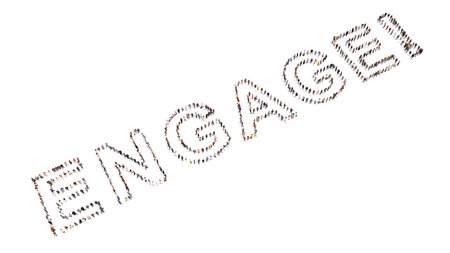 Concept or conceptual large community of people forming the word ENGAGE! 3d illustration metaphor for action, decision, motivation, strategy, promotion, communication and interaction and developmentの写真素材